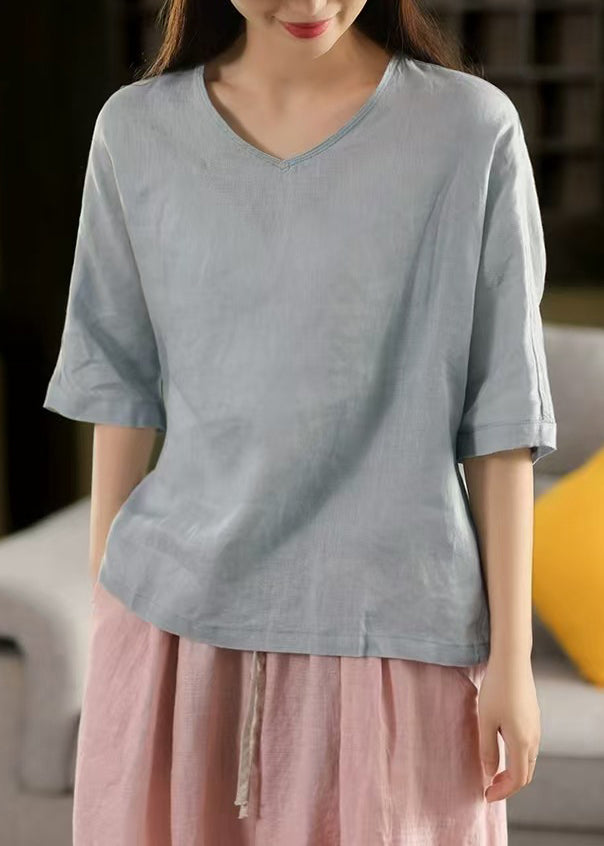 Shirt Blue Sleeve Linen Neck Women T V Solid Half Light