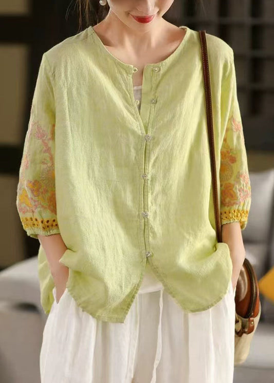 Linen Light Women Embroidered Bracelet Sleeve Green Shirts
