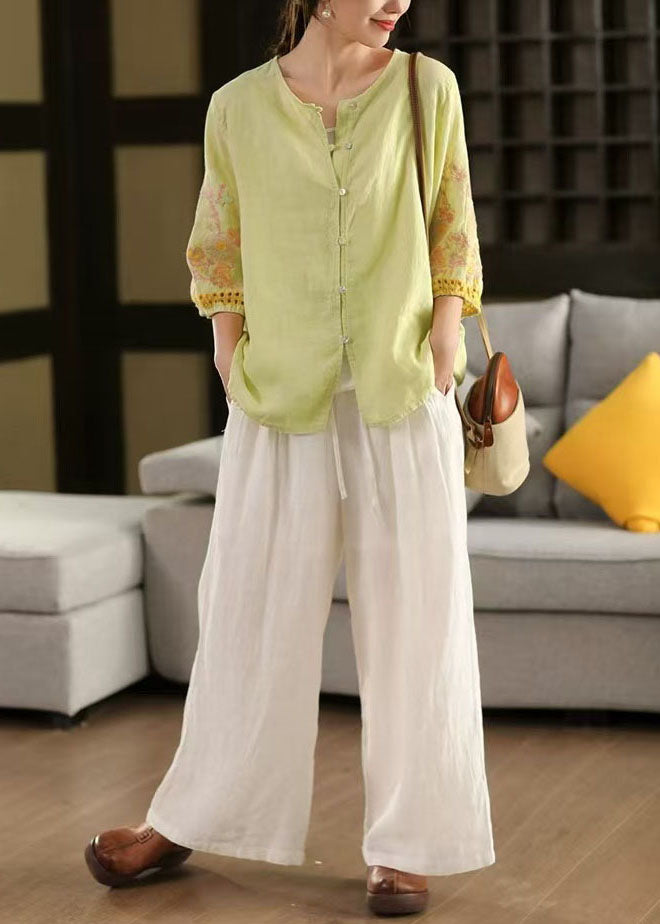 Linen Light Women Embroidered Bracelet Sleeve Green Shirts