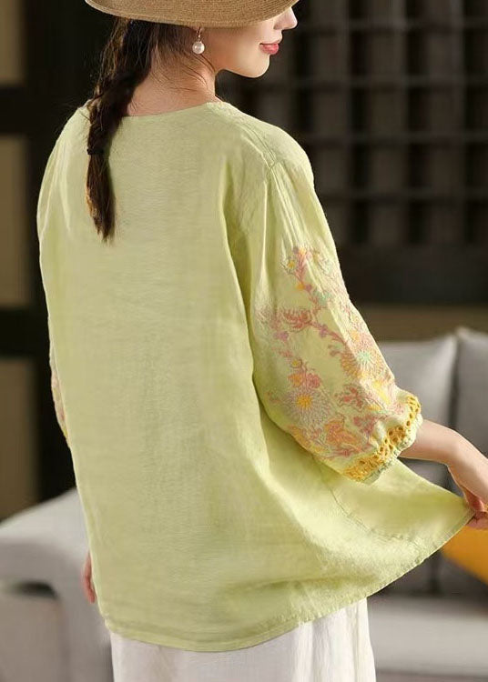Linen Light Women Embroidered Bracelet Sleeve Green Shirts
