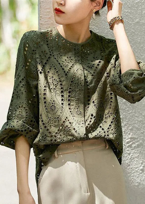 Women Light Khaki O Neck Hollow Out Cotton Blouses Long Sleeve Ada Fashion