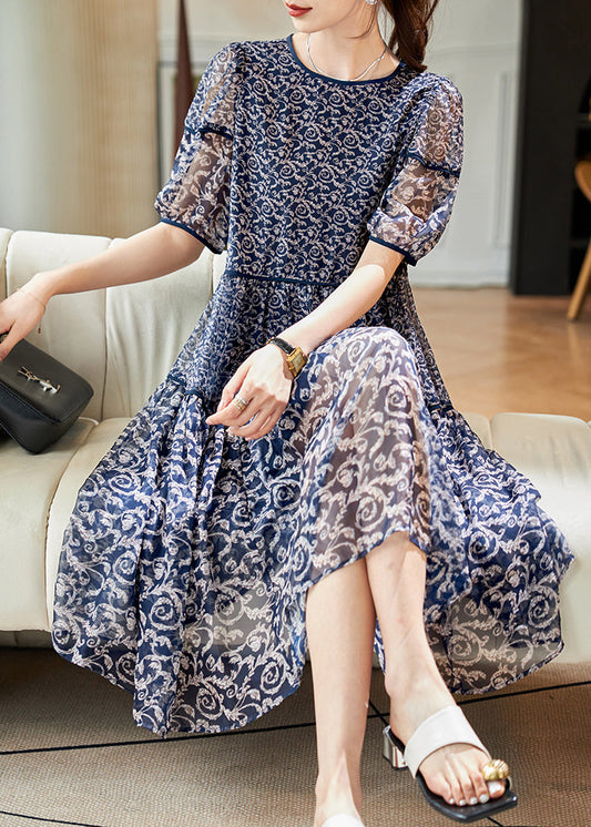 Print Patchwork Chiffon Women Summer Dresses Neck Navy O