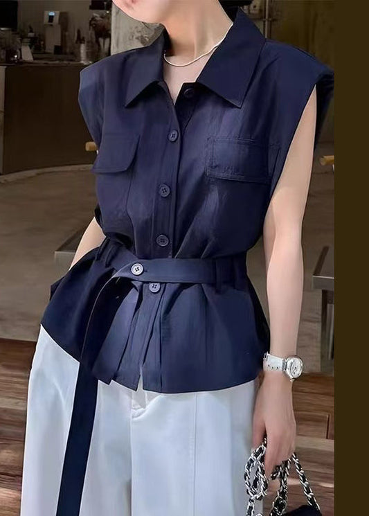Cotton Navy Pan Button Sleeveless Collar Shirt Peter Women