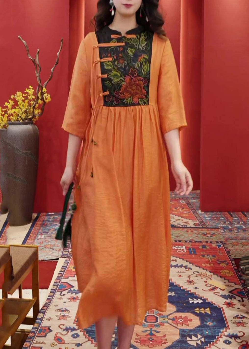 Women Orange Embroidered Button Cotton Dresses Half Sleeve AA1055