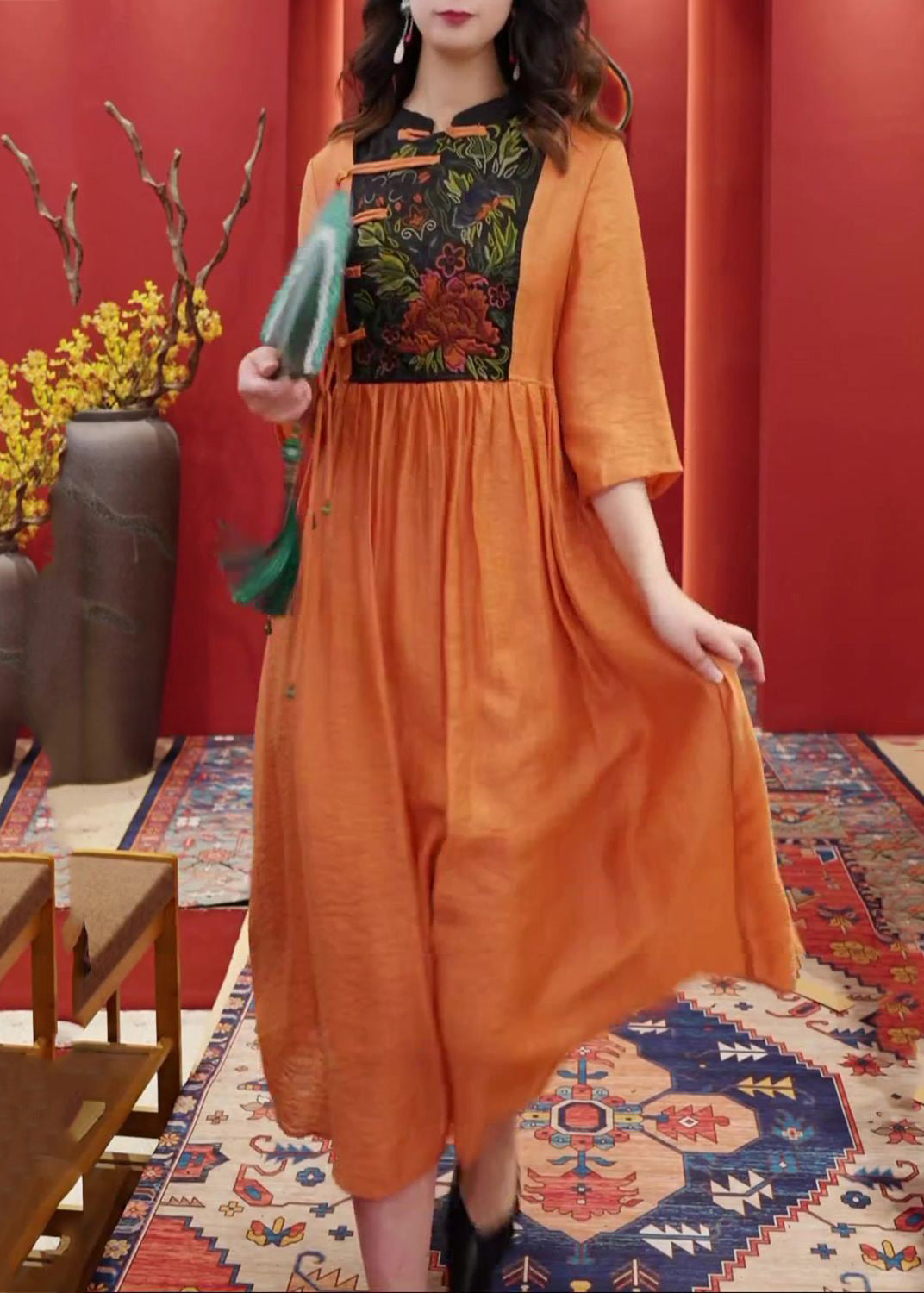 Women Orange Embroidered Button Cotton Dresses Half Sleeve AA1055