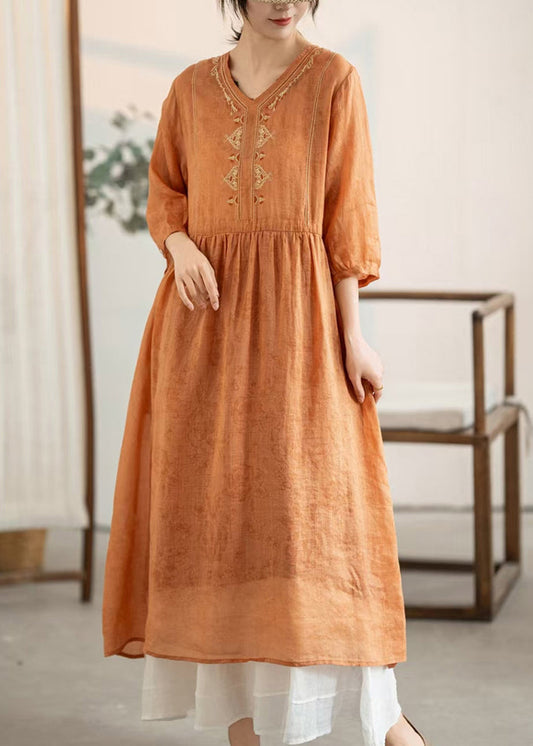 Patchwork Embroidered Women Dresses Summer Linen Orange