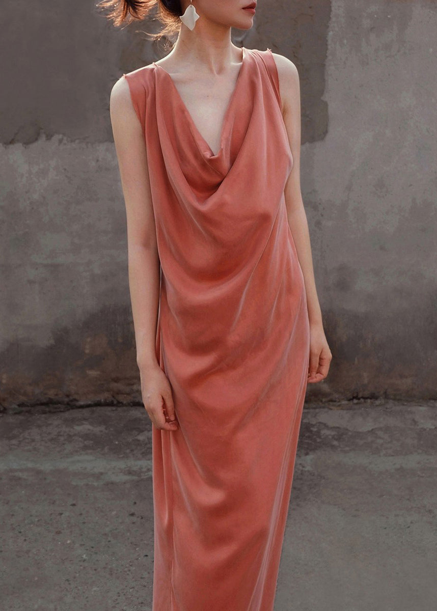 Women Long Orange Up Silk Lace Dresses Sleeveless Solid