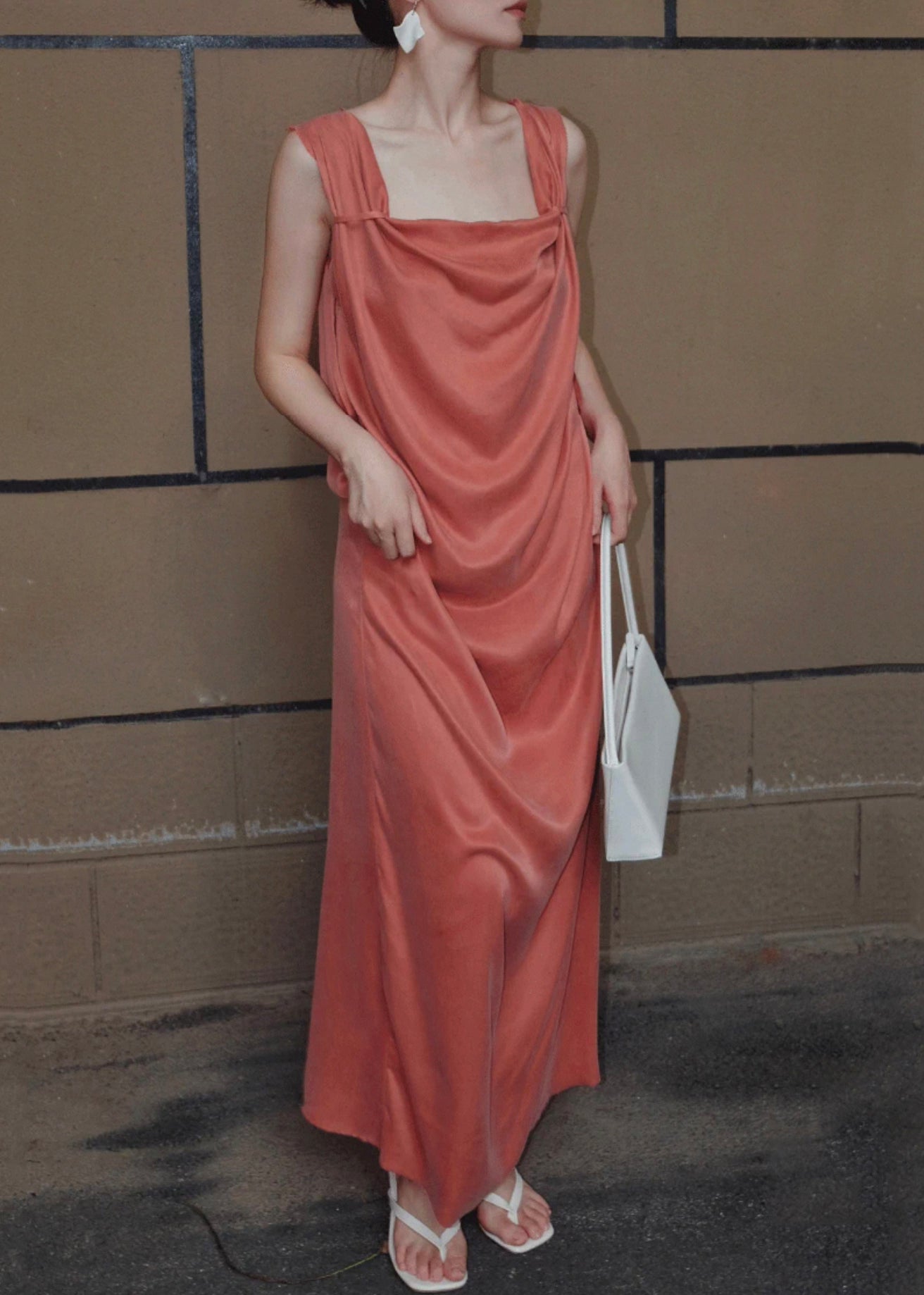 Women Long Orange Up Silk Lace Dresses Sleeveless Solid