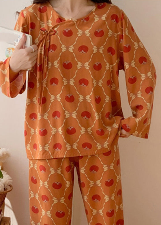 Women Orange O-Neck Bow Silk Velvet Two Piece Set Long Sleeve XS1004
