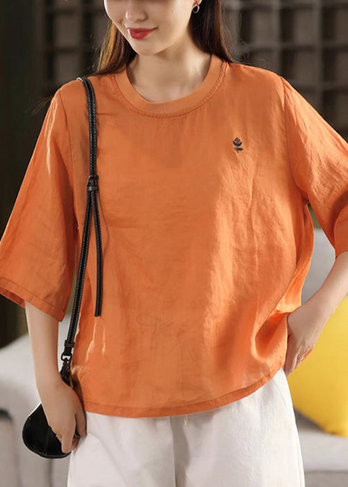 Sleeve Linen Half Women Neck Solid Shirts Orange O T
