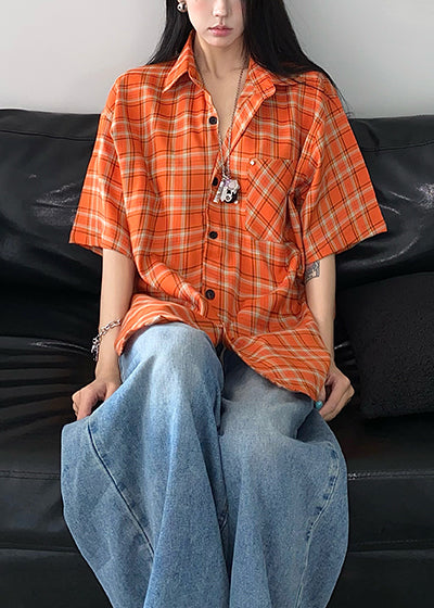 Oversized Women Summer Top Cotton Orange Plaid
