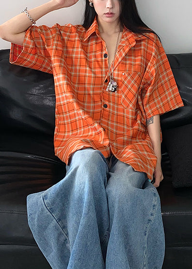 Oversized Women Summer Top Cotton Orange Plaid