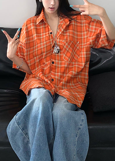 Oversized Women Summer Top Cotton Orange Plaid