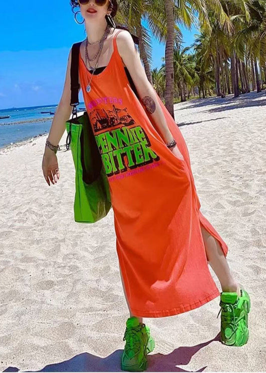 Summer Cotton Orange Print Sundresses Oversized Vacation Women