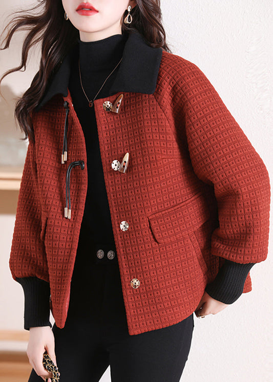 Women Orange Peter Pan Collar Pockets Cotton Coat Winter