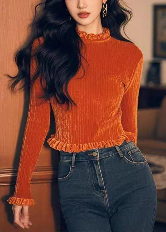 Shirts Silk Ruffled T Solid Spring Velour Women Orange