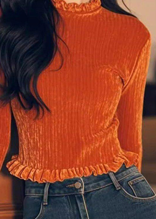 Shirts Silk Ruffled T Solid Spring Velour Women Orange