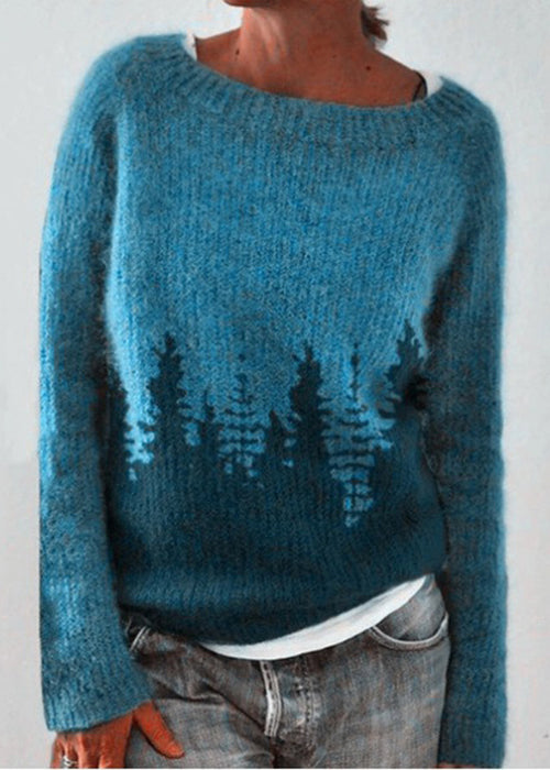 Women Peacock Blue O Neck Cozy Knit Sweaters Fall QA012