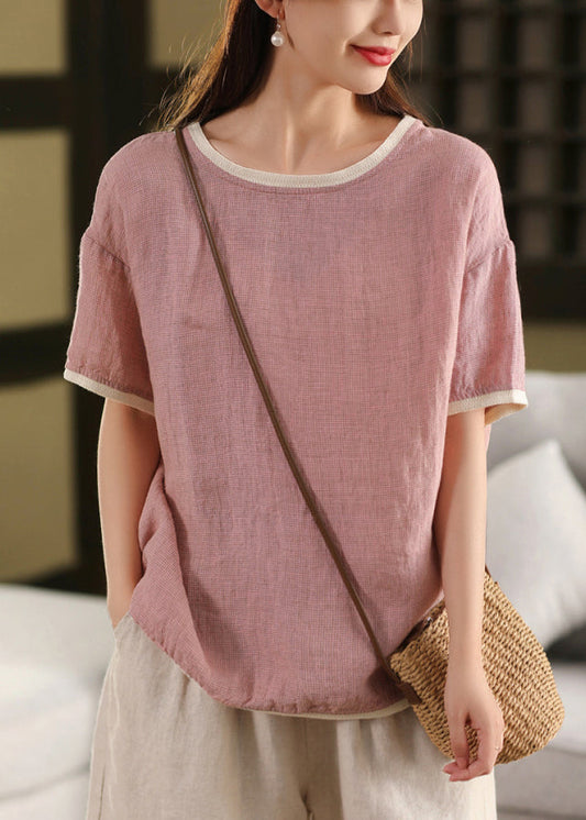 Shirts Pink O Neck T Women Patchwork Linen Summer