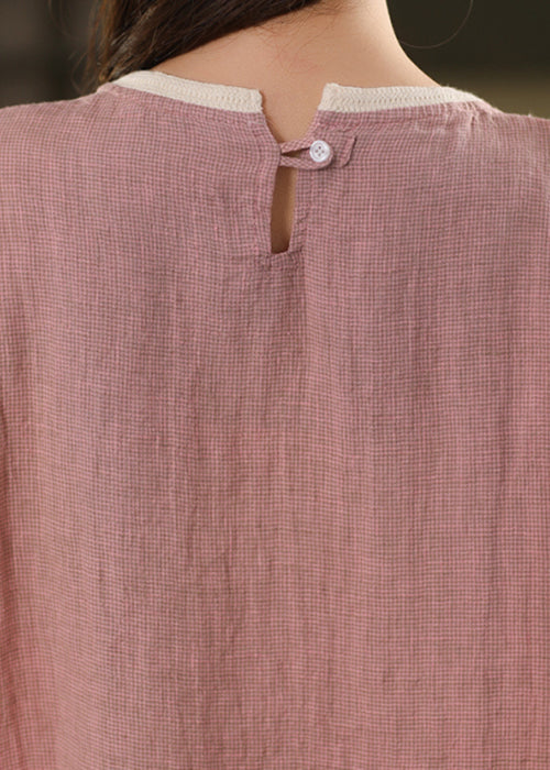 Shirts Pink O Neck T Women Patchwork Linen Summer