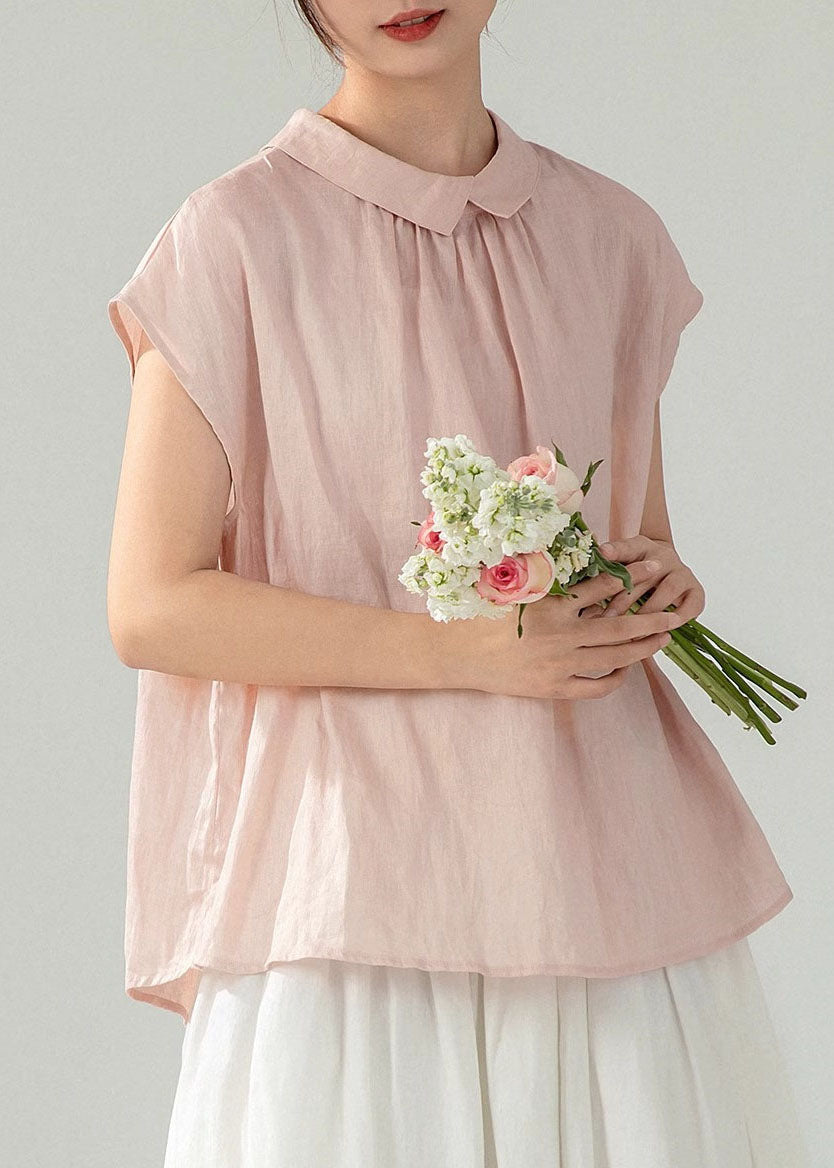 Women Shirt Pan Summer Pink Peter Button Cotton Collar Solid
