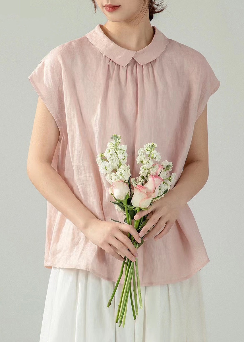 Women Shirt Pan Summer Pink Peter Button Cotton Collar Solid