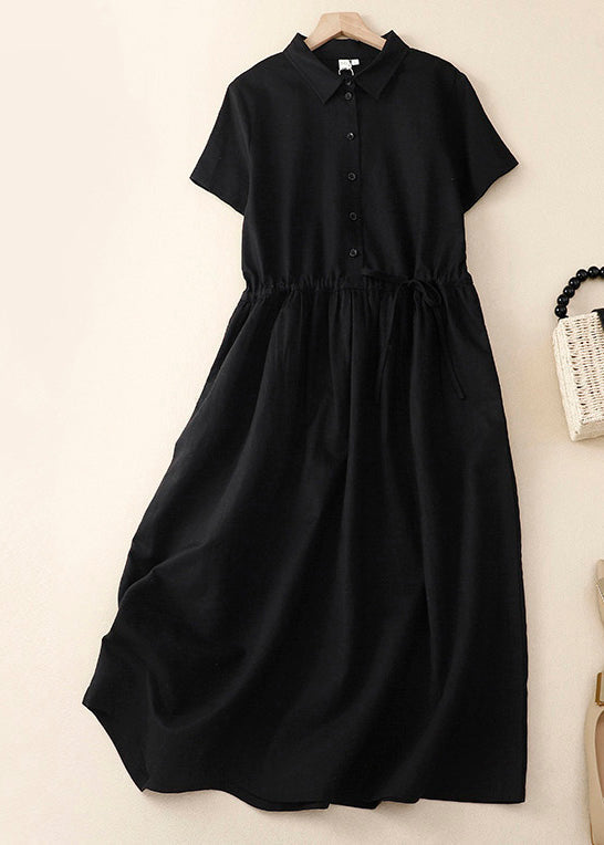 Women Pink Peter Pan Collar Drawstring Cotton Long Dress Summer AM1062