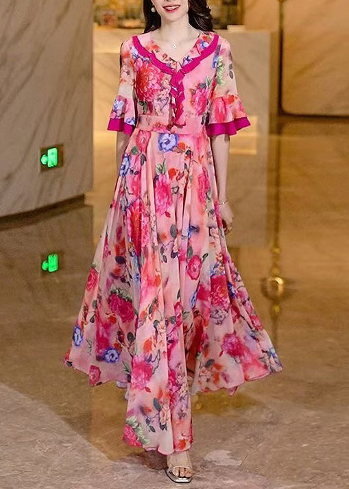 Chiffon Long Women Summer Print Ruffled Pink Dress