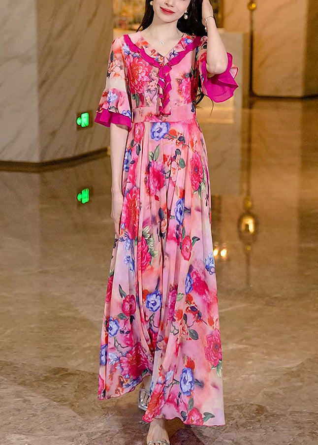 Chiffon Long Women Summer Print Ruffled Pink Dress