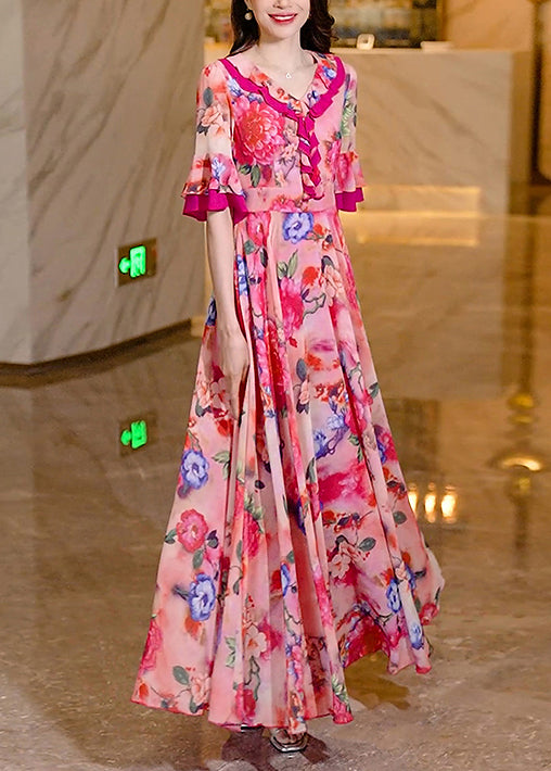 Chiffon Long Women Summer Print Ruffled Pink Dress