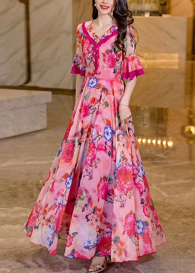 Chiffon Long Women Summer Print Ruffled Pink Dress