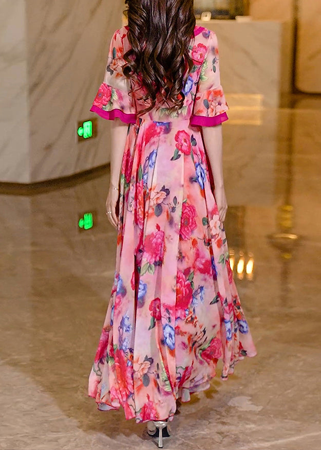 Chiffon Long Women Summer Print Ruffled Pink Dress