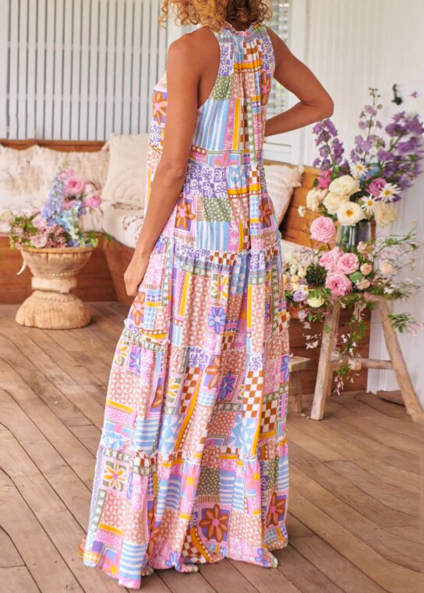 Women Pink Ruffled Print Cotton Long Dresses Sleeveless AA1029