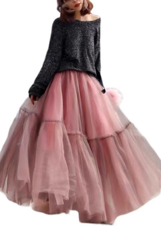 Women Pink Ruffled Tulle Cinched Circle Fall Skirt AM1001