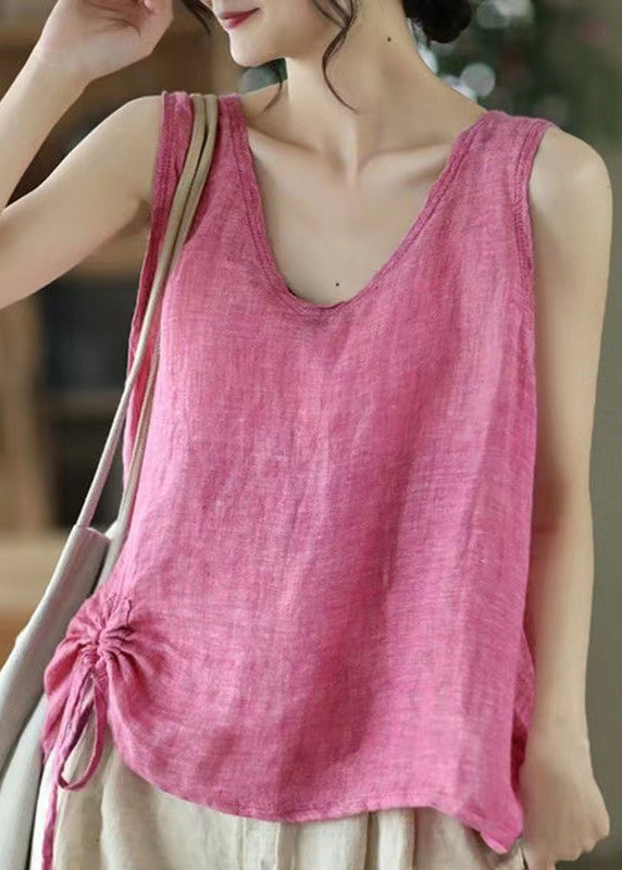 Women Pink Solid V Neck Lace Up Cotton Tank Sleeveless GH1064