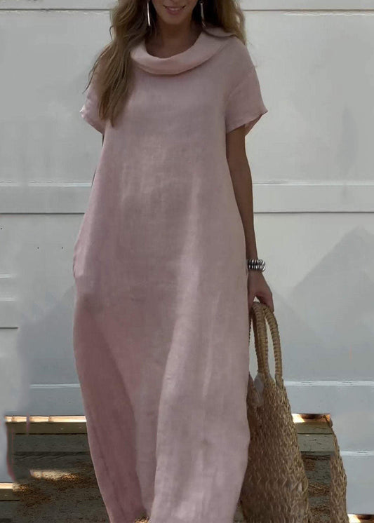 Neck Women Vacation Solid Long Dresses Pink Turtle Patchwork
