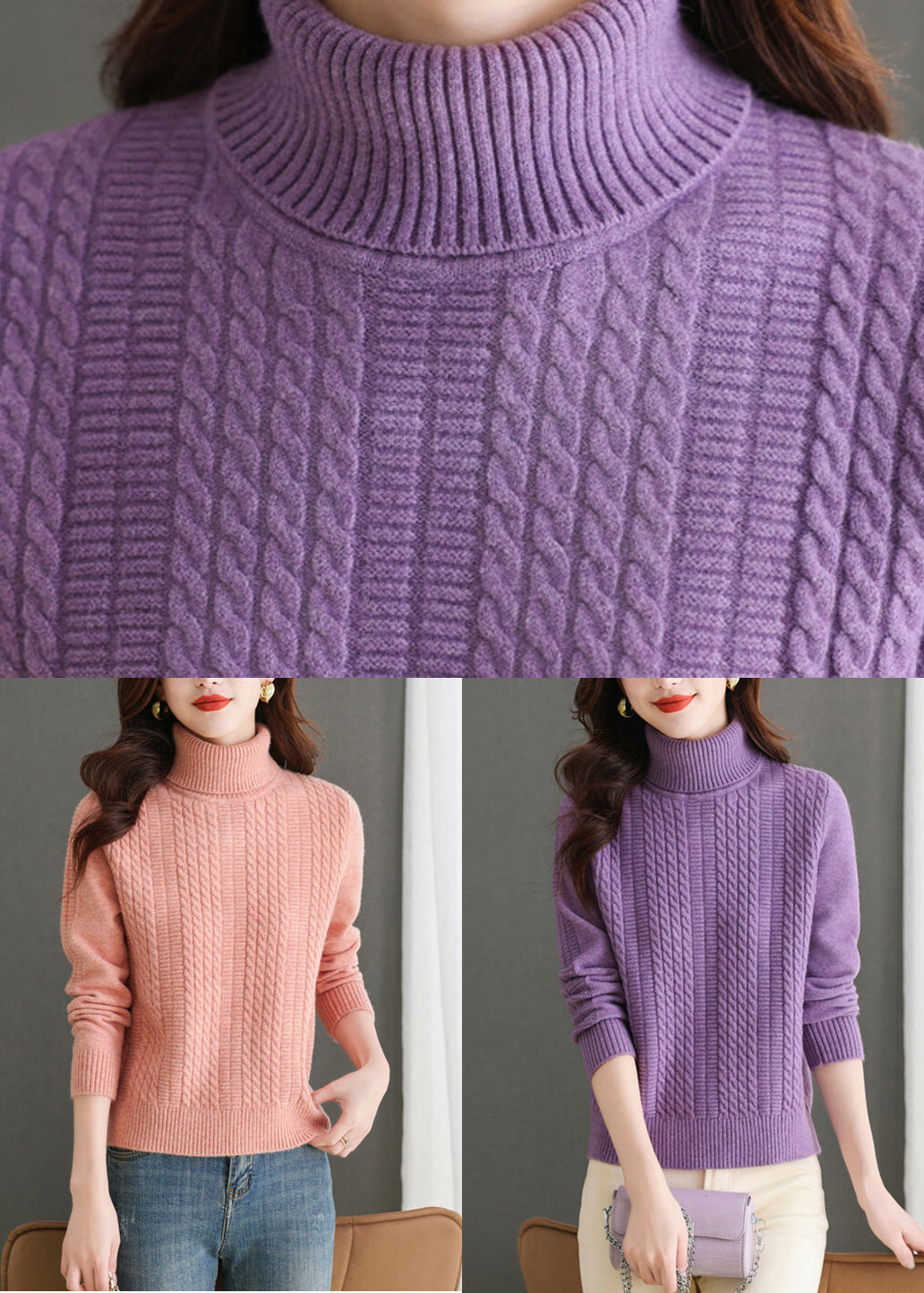 Women Pink Turtleneck Solid Knit Sweater Winter ER017