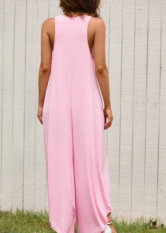 Neck Jumpsuit Pink Summer Solid U Women