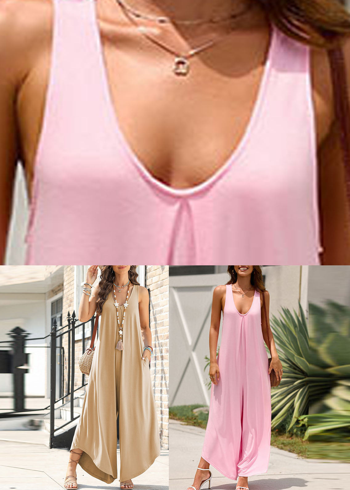 Neck Jumpsuit Pink Summer Solid U Women