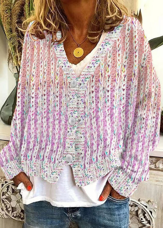 Knit Pink Spring Cardigan Women V Striped Neck Cozy