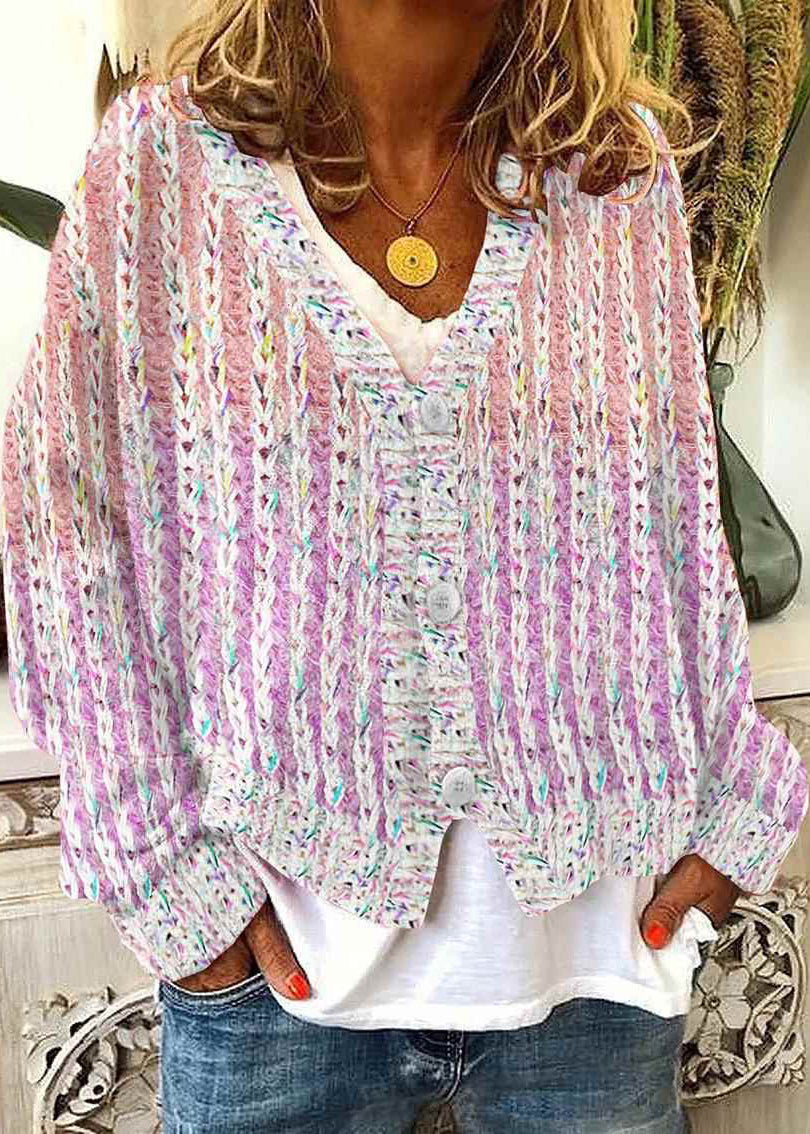 Knit Pink Spring Cardigan Women V Striped Neck Cozy