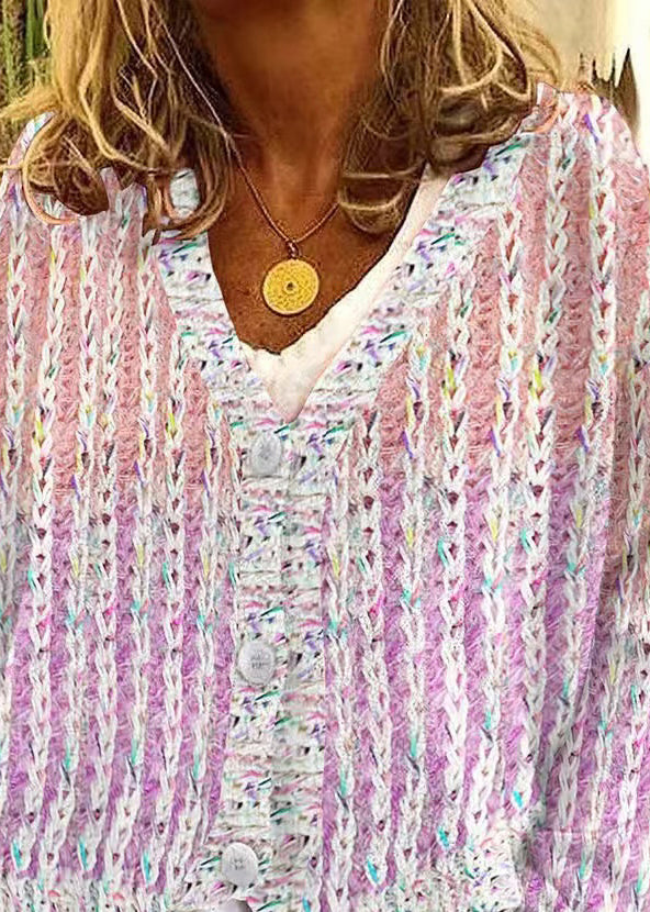 Knit Pink Spring Cardigan Women V Striped Neck Cozy