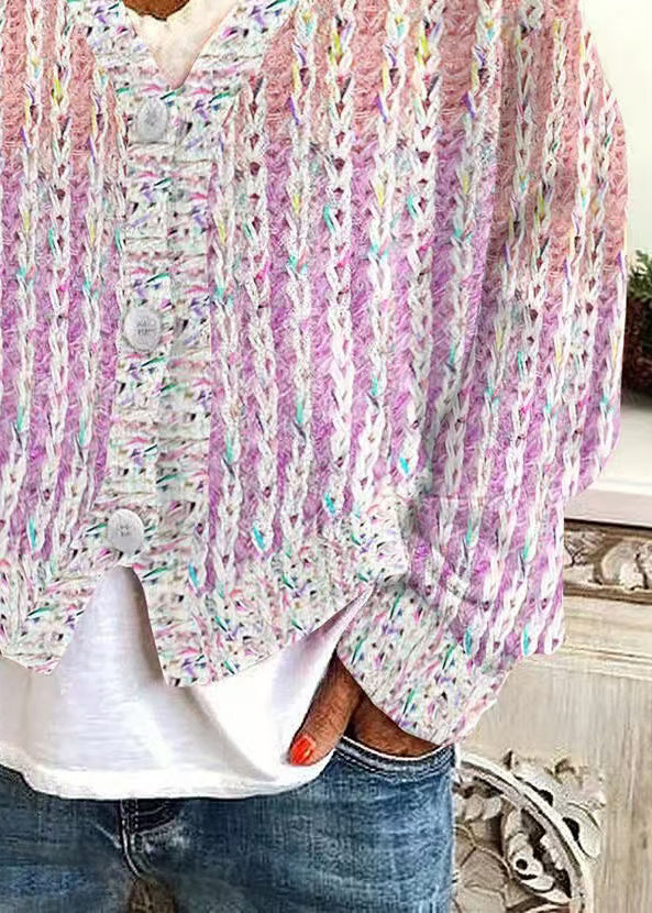 Knit Pink Spring Cardigan Women V Striped Neck Cozy