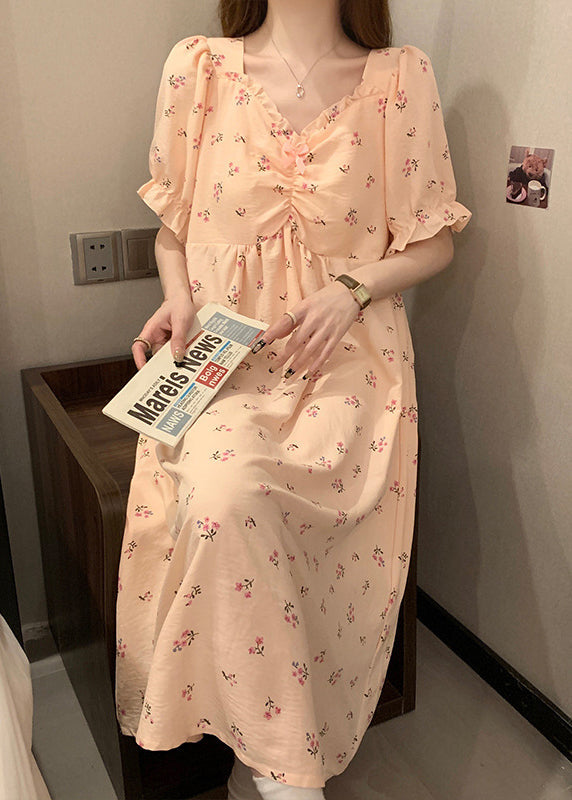 Women Pink V Neck Wrinkled Print Cotton Pajamas Long Dress Summer YK019