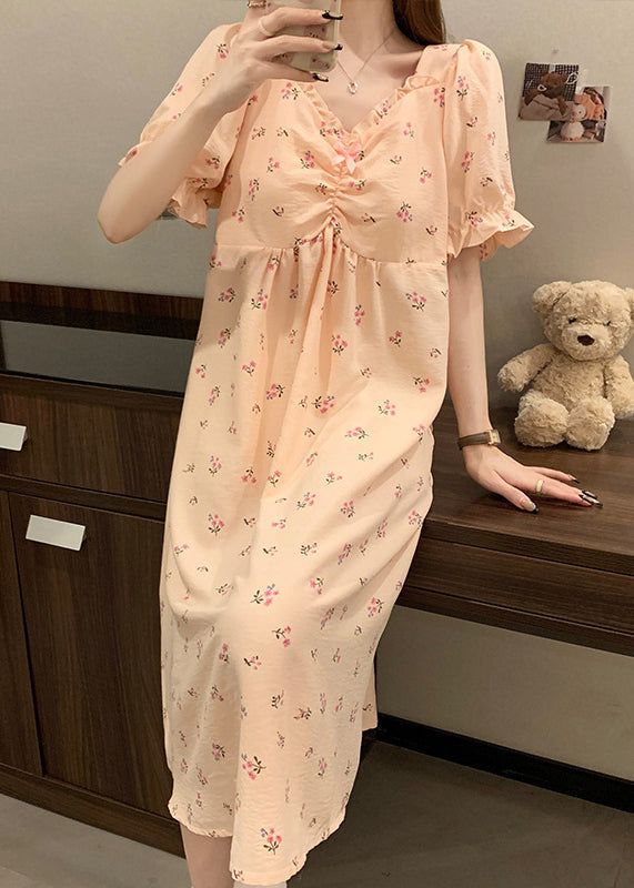 Women Pink V Neck Wrinkled Print Cotton Pajamas Long Dress Summer YK019