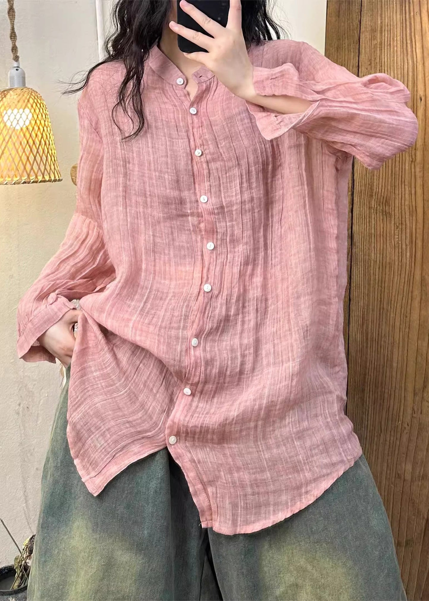 Women Pink Shirt Solid Spring Wrinkled Linen Button