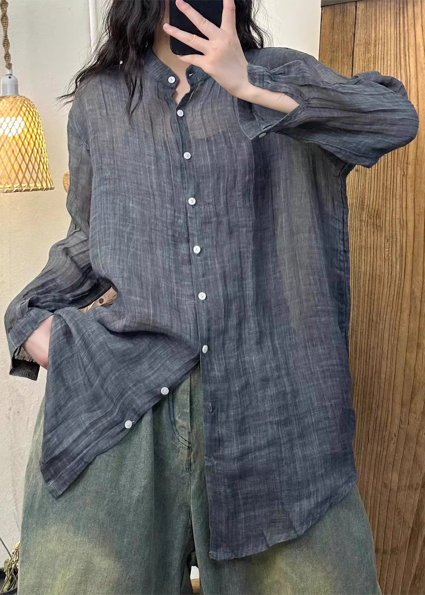 Women Pink Shirt Solid Spring Wrinkled Linen Button