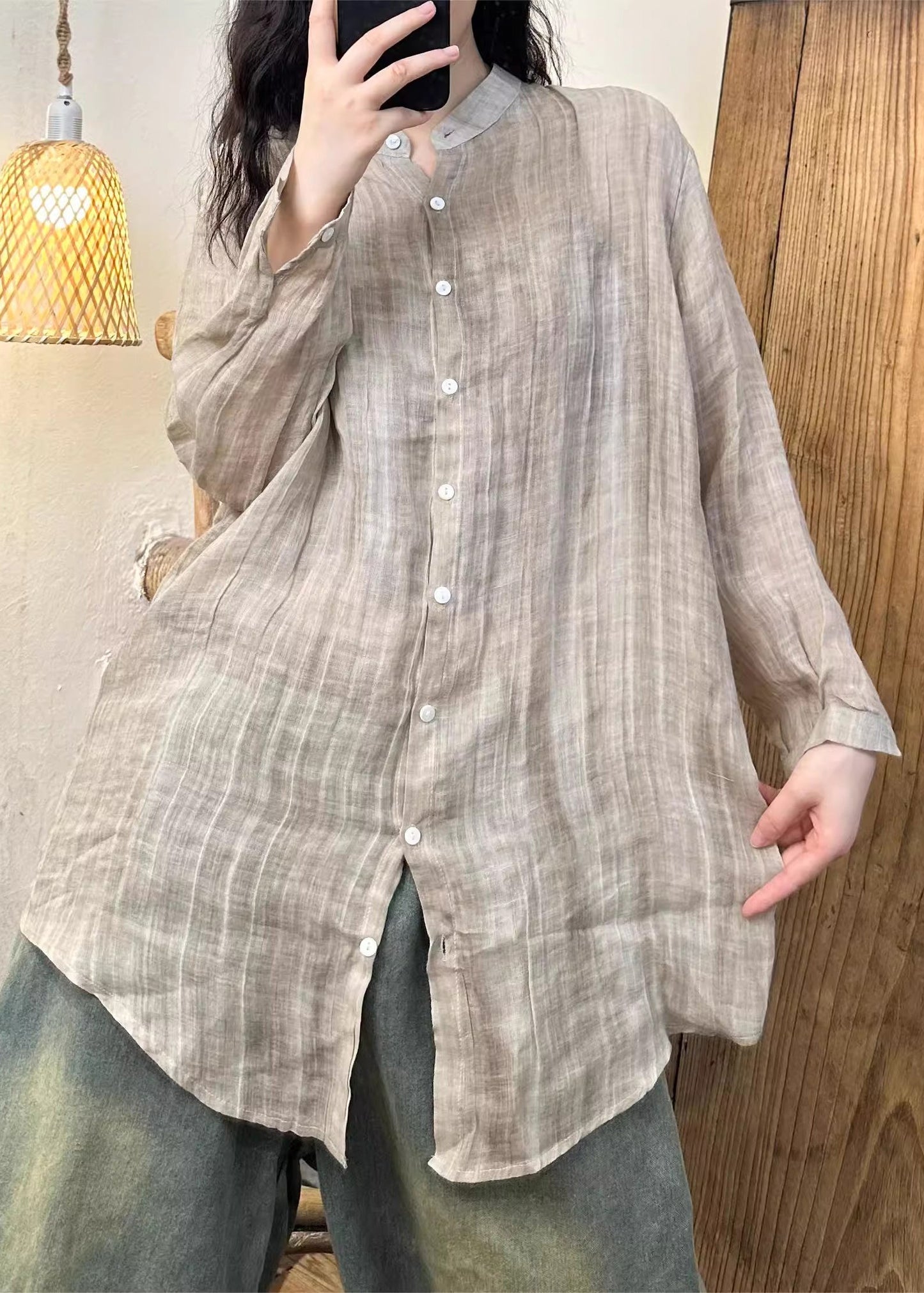 Women Pink Shirt Solid Spring Wrinkled Linen Button
