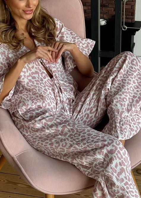 Print Purple Sets Cotton Leopard Up Women Summer Pajama Lace