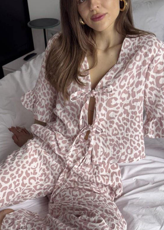Print Purple Sets Cotton Leopard Up Women Summer Pajama Lace